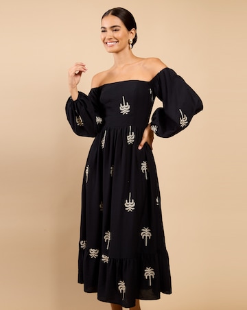 Little Mistress Black Embroidered Bardot Midaxi Dress