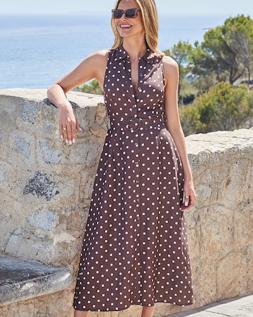 Sosandar Brown Spot Sleeveless Linen Shirt Dress