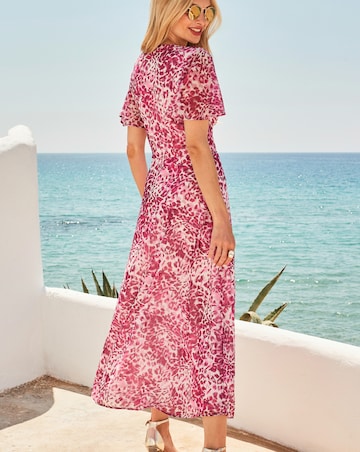 Sosandar Pink Animal Chiffon Angel Sleeve Fit & Flare Midi Dress