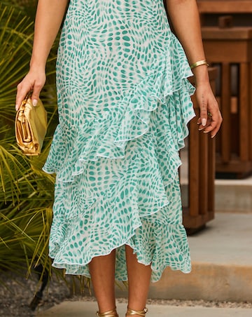 Sosandar Green Fleck Print Chiffon Ruffle Skirt Midi Dress