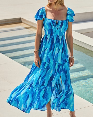 Sosandar Blue Abstract Print Crinkle Square Neck Maxi Dress
