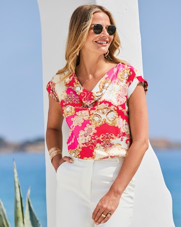 Sosandar Pink & Red Baroque Print Cowl Neck Satin Top