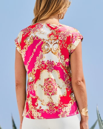 Sosandar Pink & Red Baroque Print Cowl Neck Satin Top