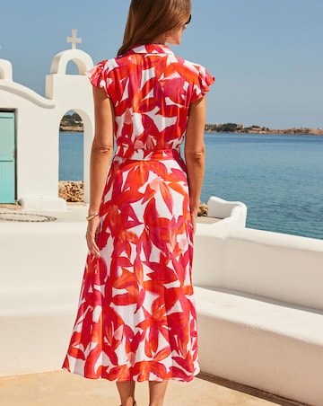 Sosander Pink & Orange Hibiscus Floral Print Shirt Dress