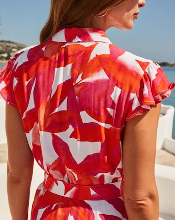 Sosander Pink & Orange Hibiscus Floral Print Shirt Dress