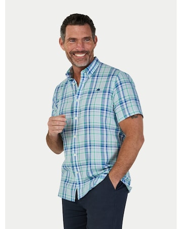Raging Bull Short Sleeve Pacific Check Linen Look Shirt Sky Blue