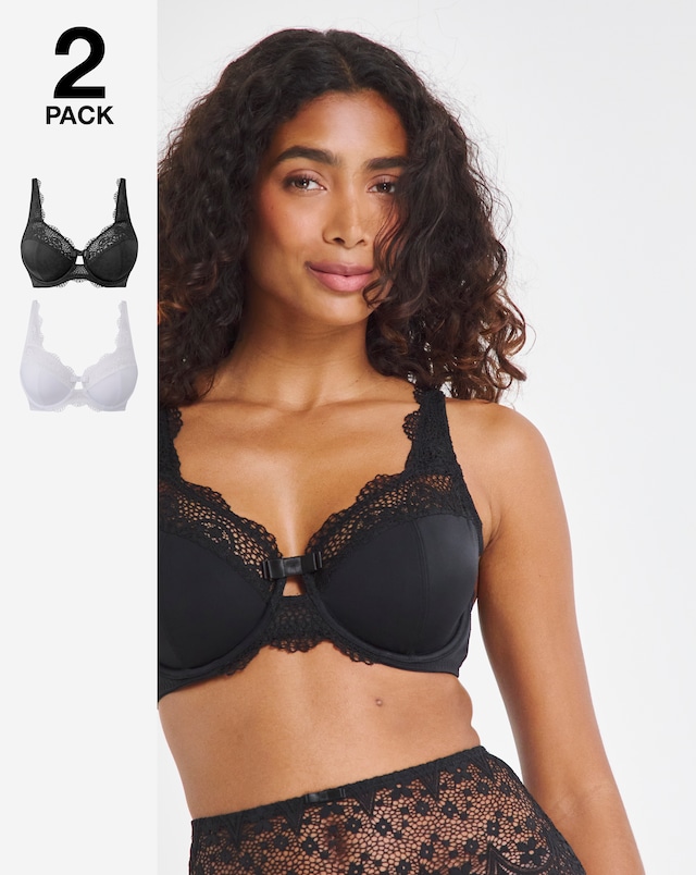 Pretty Secrets (2 Pack) Lottie Lace Micro Full Cup Wired Bras (B-G) Black/White