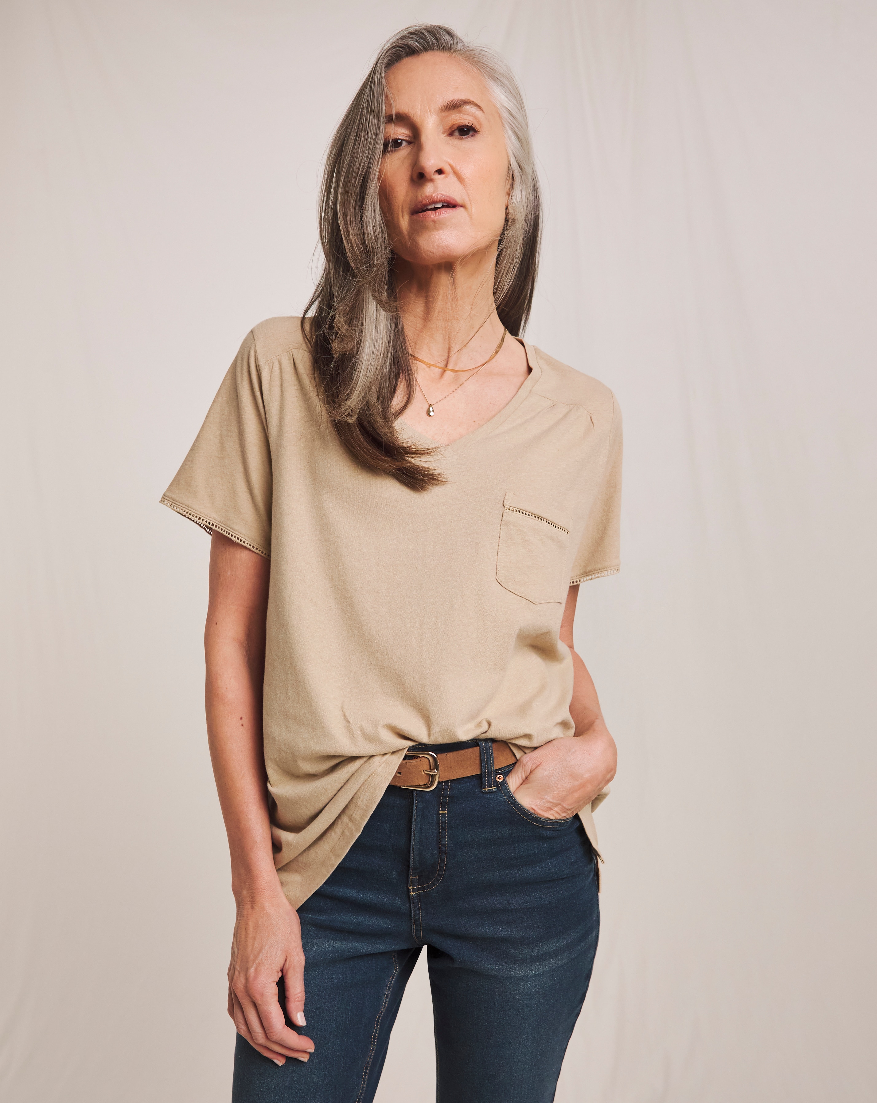 Julipa Linen Mix V-Neck Pocket T-Shirt