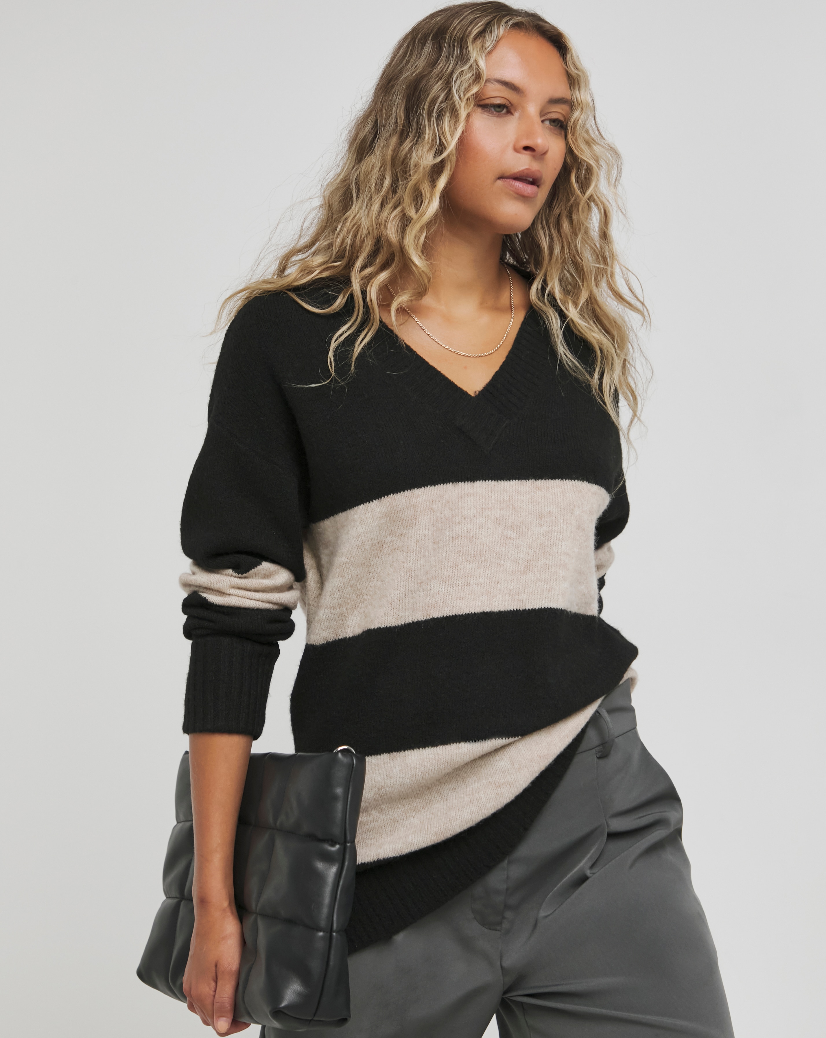 Black Stripe V Neck Longline Jumper
