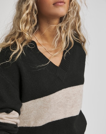Black And Oatmeal Stripe Slouchy V Neck Longline Jumper