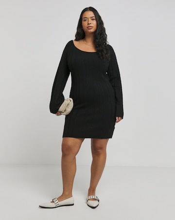 Black Rib Slash Neck Knitted Mini Dress