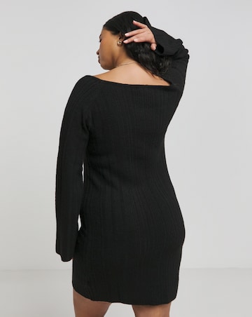 Black Rib Slash Neck Knitted Mini Dress