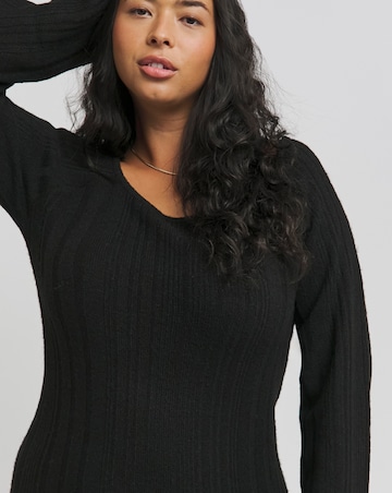 Black Rib Slash Neck Knitted Mini Dress
