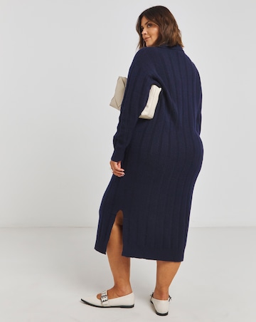 Navy Rib Collar Knitted Midaxi Dress