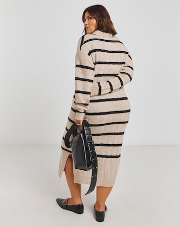 Oatmeal Stripe Rib Collar Knitted Midaxi Dress