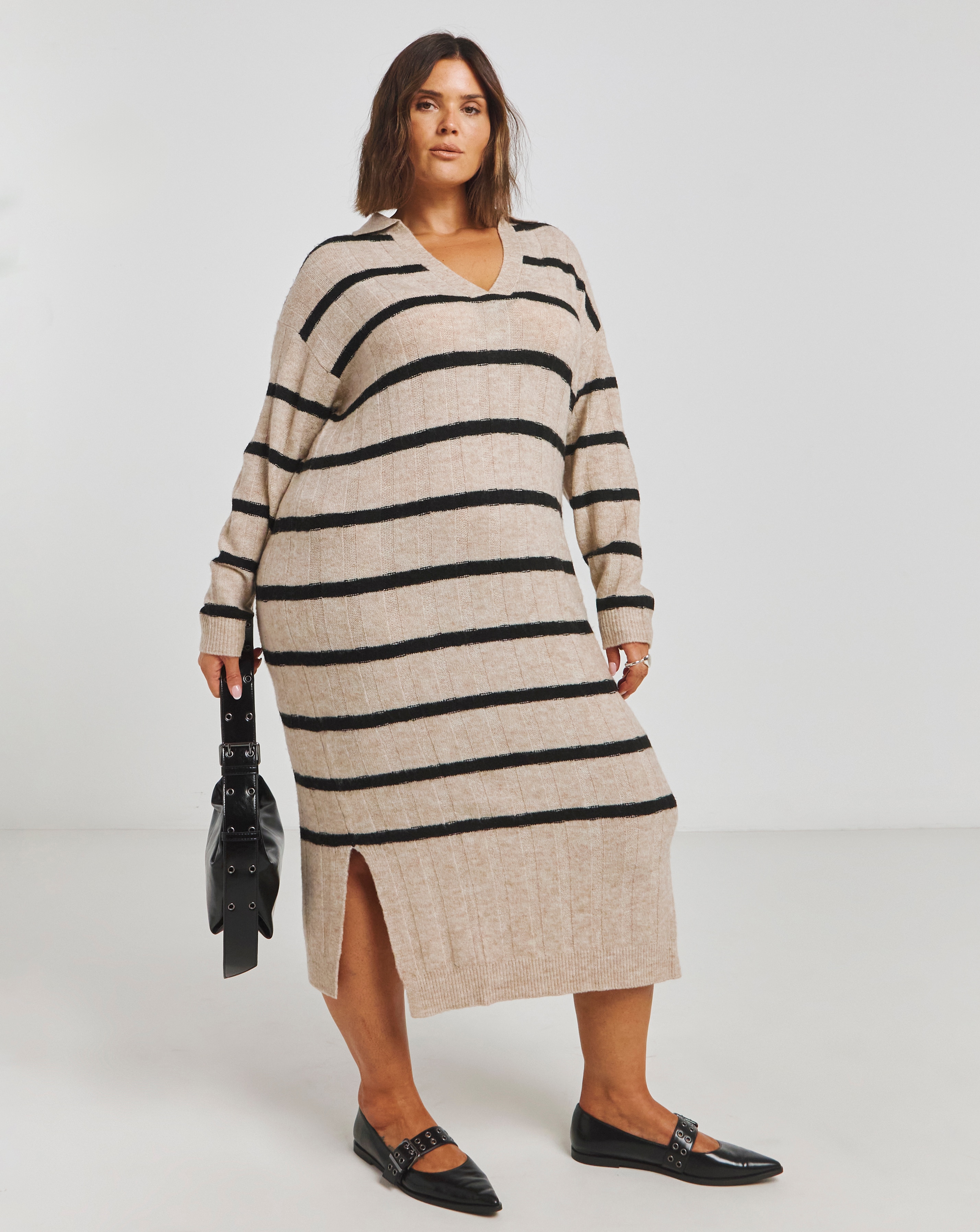 Oatmeal Stripe Rib Collar Midaxi Dress