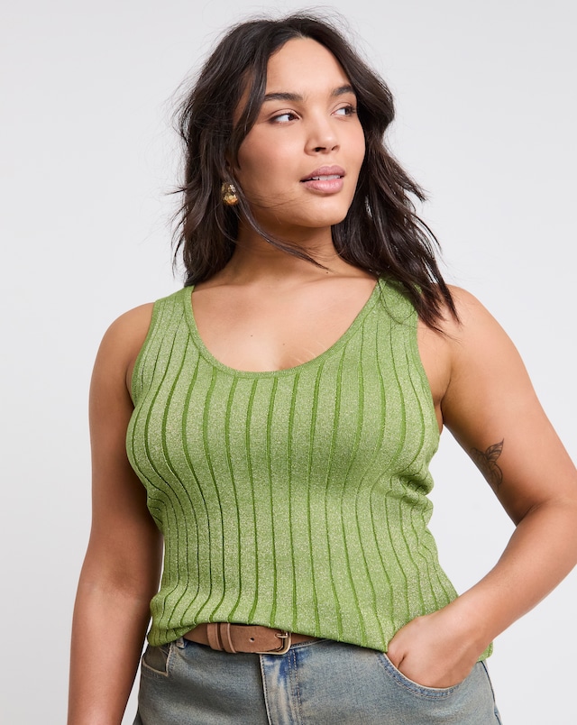 Simply Be Green Metallic Rib Knit Vest Top