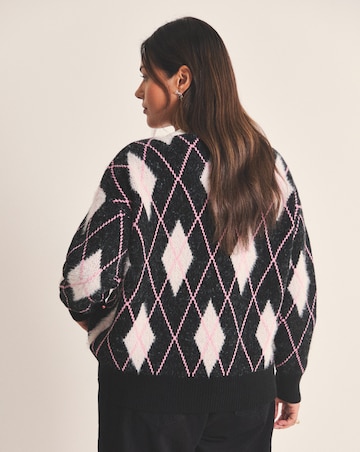 Simply Be Sequin Heart Fluffy Argyle Boyfriend Cardigan