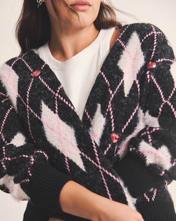 Simply Be Sequin Heart Fluffy Argyle Boyfriend Cardigan