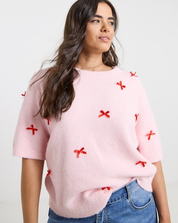 Simply Be Pink Embroidered Bow Knitted Half Sleeve Jumper