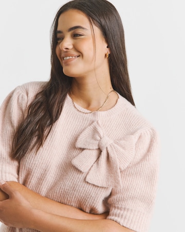 Simply Be Simply Snug Pink Puff Sleeve Bow Applique Knitted Top