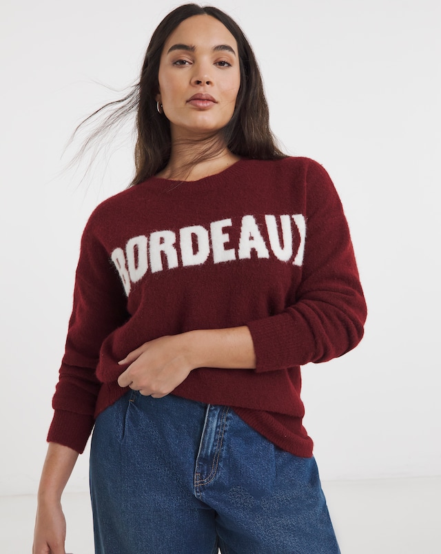 Simply Be Brushed Yarn Burgundy Slogan Knitted Crew Neck Jumper