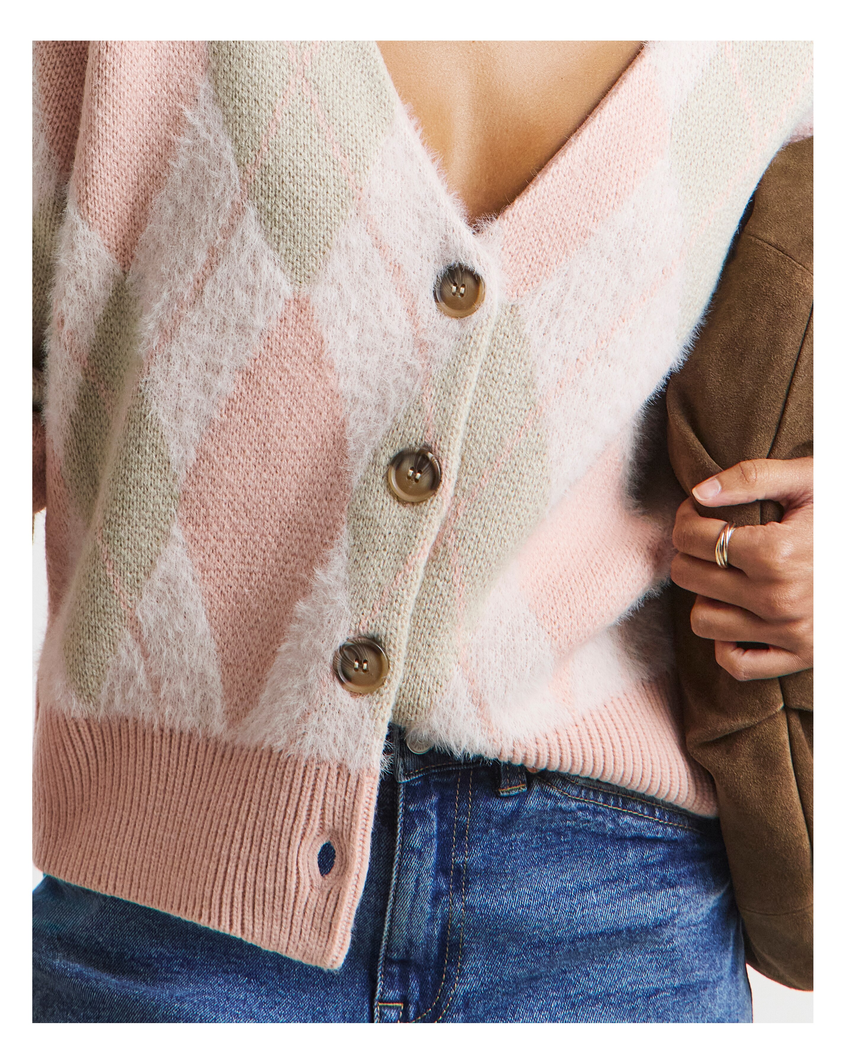 Simply Be Pink Fluffy Argyle Boyfriend Cardigan | JD Williams