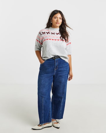 Simply Be Brushed Yarn Grey Fairisle Short Sleeve Knitted Jumper