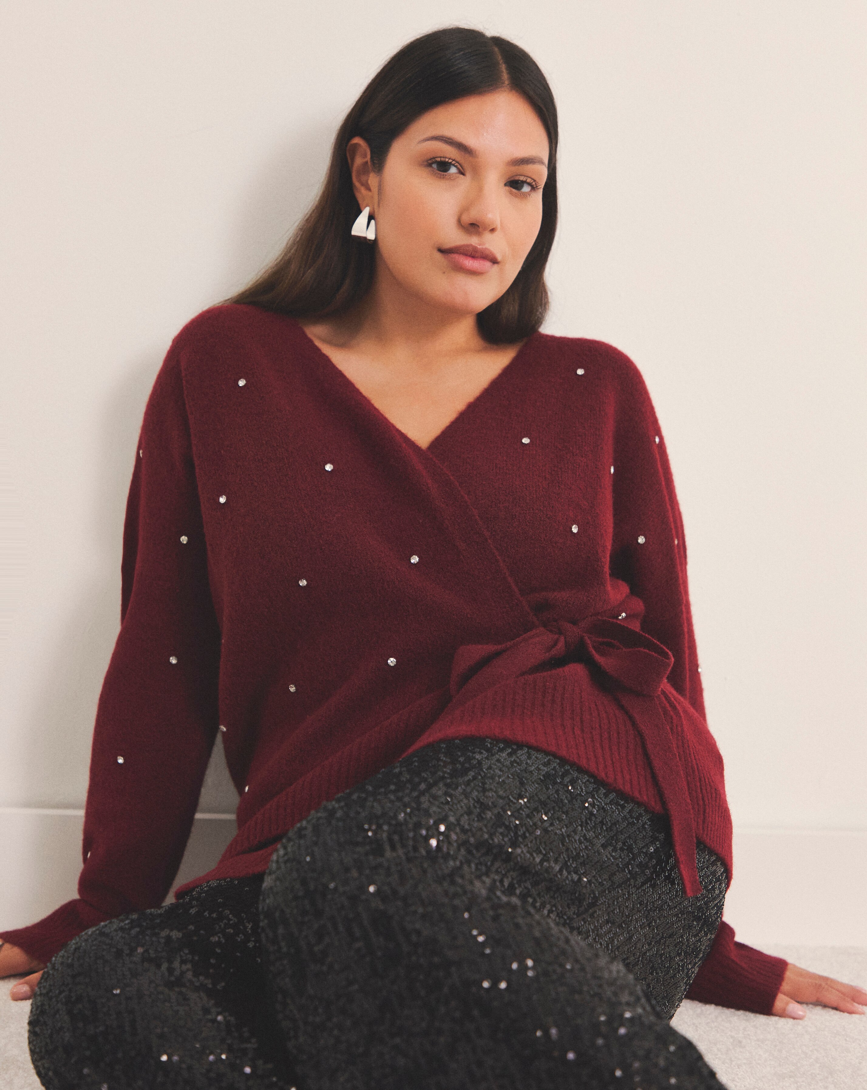 Simply Be Brushed Yarn Burgundy Diamante Ballet Wrap Cardigan