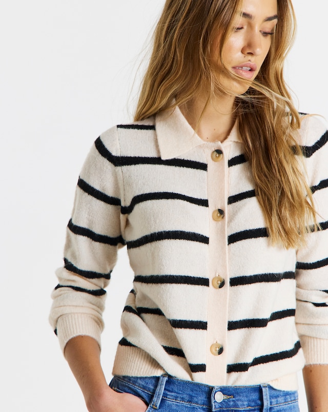 Simply Be Stripe Button Through Collar Cardigan