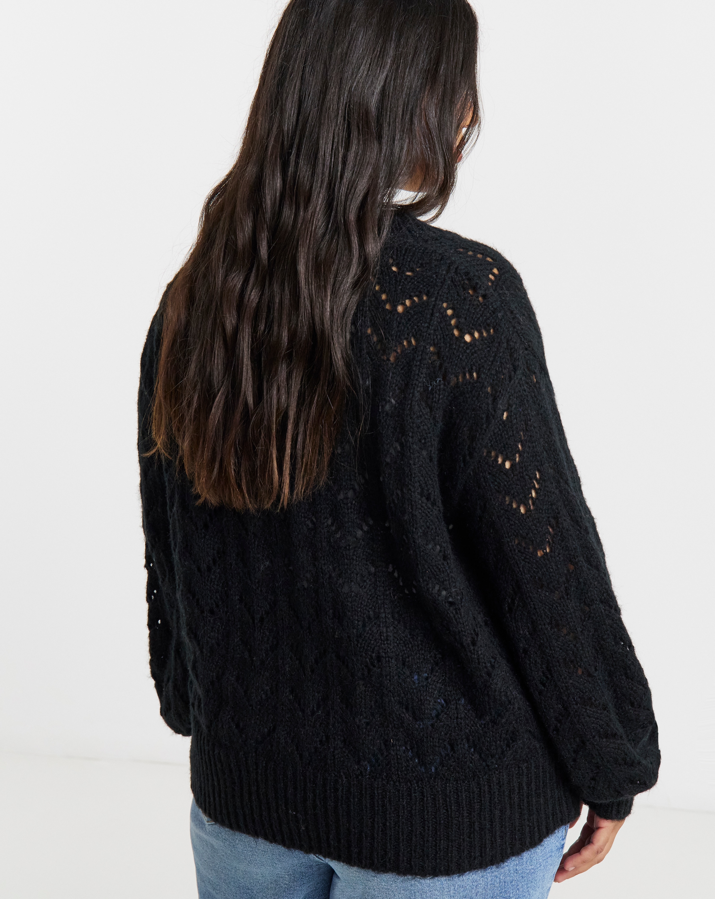 Simply Be Black Pointelle Flower Button Cardigan | JD Williams
