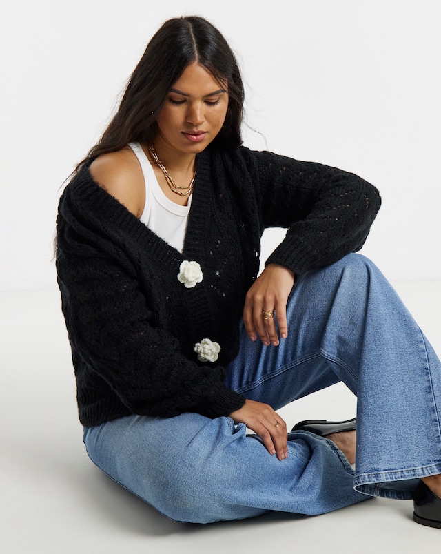 Simply Be Black Pointelle Flower Button Cardigan