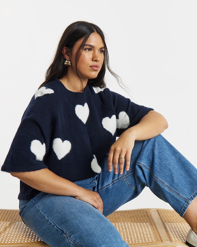 Simply Be Navy Heart Print Half Sleeve Jumper
