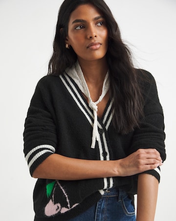 Simply Be Black Contrast Trim Cherry Slogan Cardigan