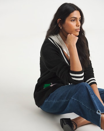 Simply Be Black Contrast Trim Cherry Slogan Cardigan