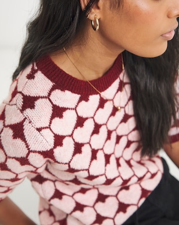 Simply Be Red and Pink Heart Print Knitted T-Shirt