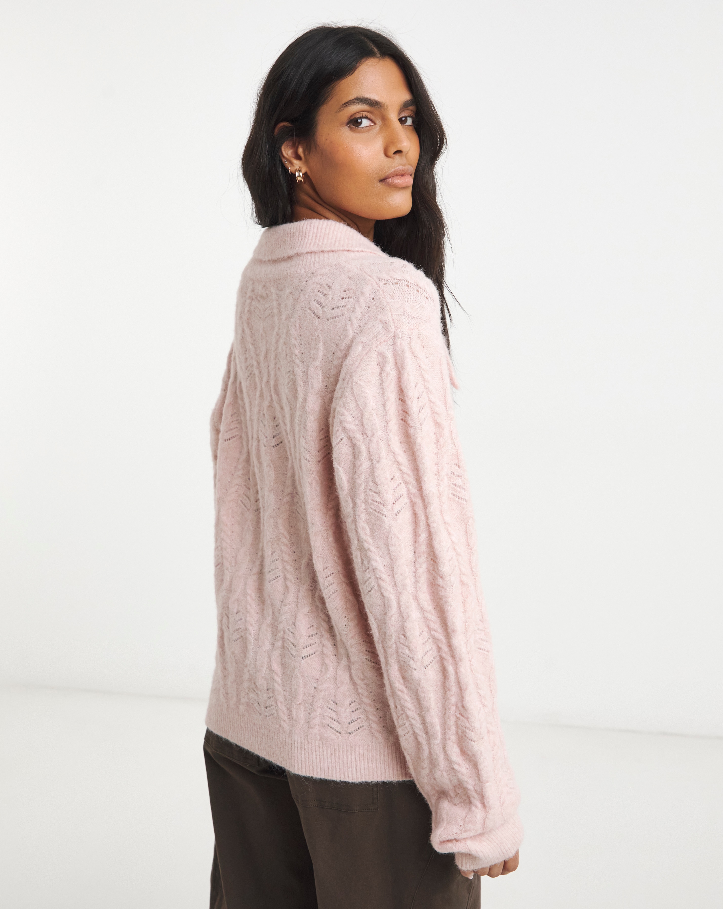 Simply Be Pink Cable Knit Collar Cardigan | JD Williams