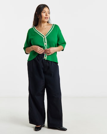 Green Short Sleeve Cardigan with Contrast Trim