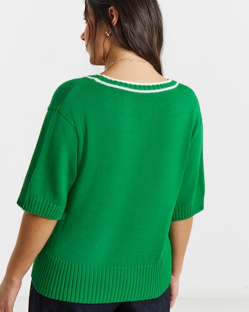 Green Short Sleeve Cardigan with Contrast Trim