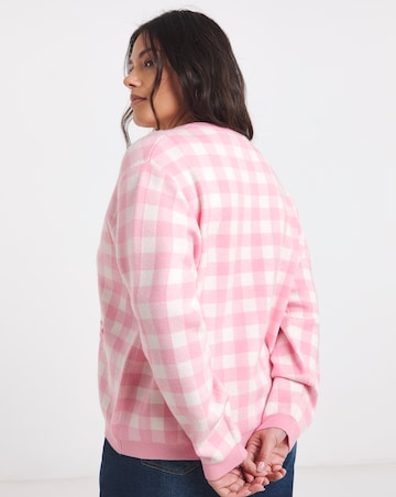 Pink Check Gingham Crew Neck Cardigan