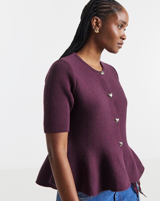 Plum Short Sleeve Peplum Cardigan