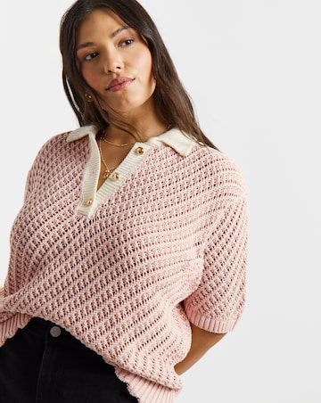 Pink Frill Hem Crochet Polo Top