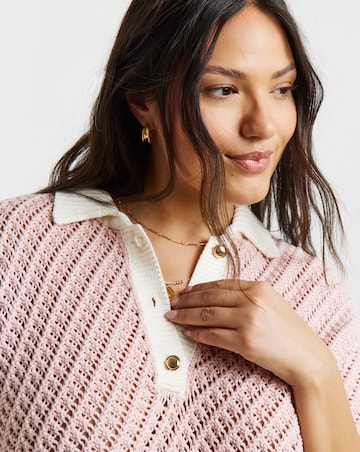 Pink Frill Hem Crochet Polo Top