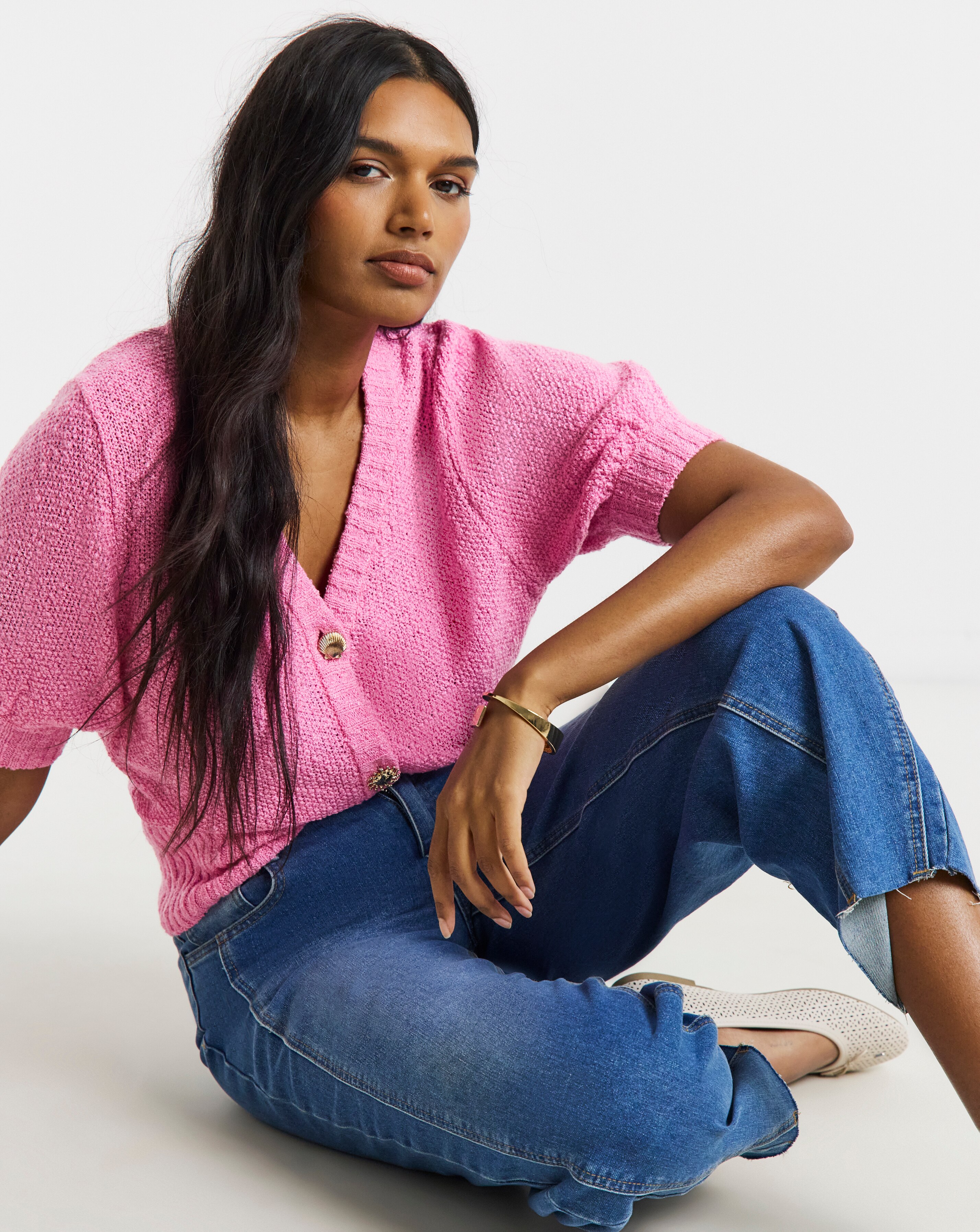 Pink Textured Puff Sleeve Gold Button Cardigan | JD Williams