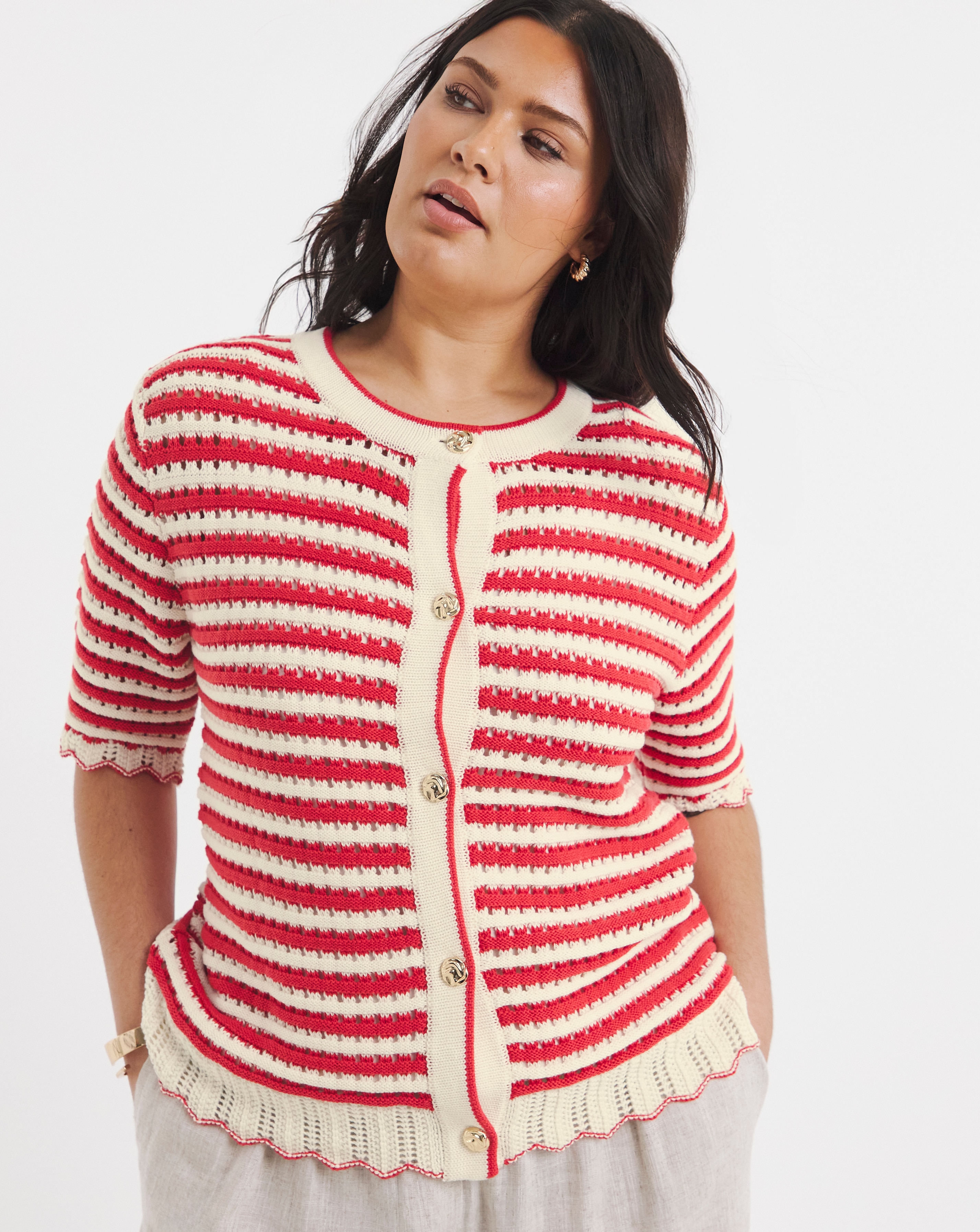 New In - Stripe Short Sleeve Frill Cardigan