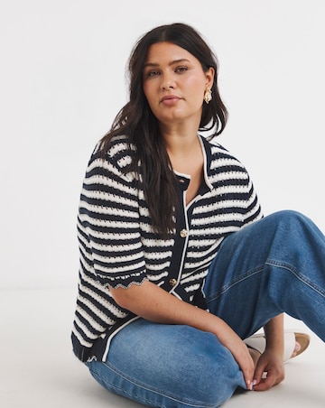 Navy Stripe Short Sleeve Frill Cardigan