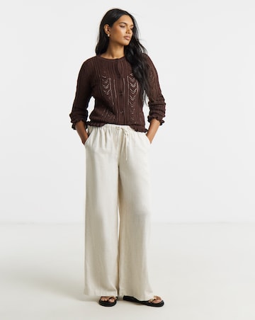 Chocolate Pointelle Crew Neck Frill Hem Cardigan