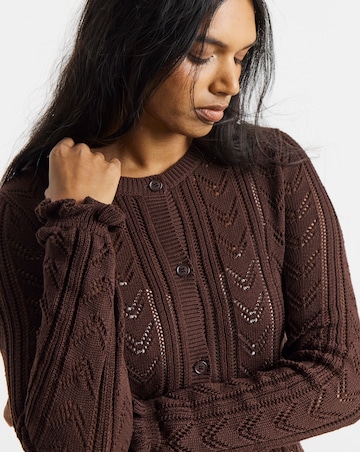 Chocolate Pointelle Crew Neck Frill Hem Cardigan