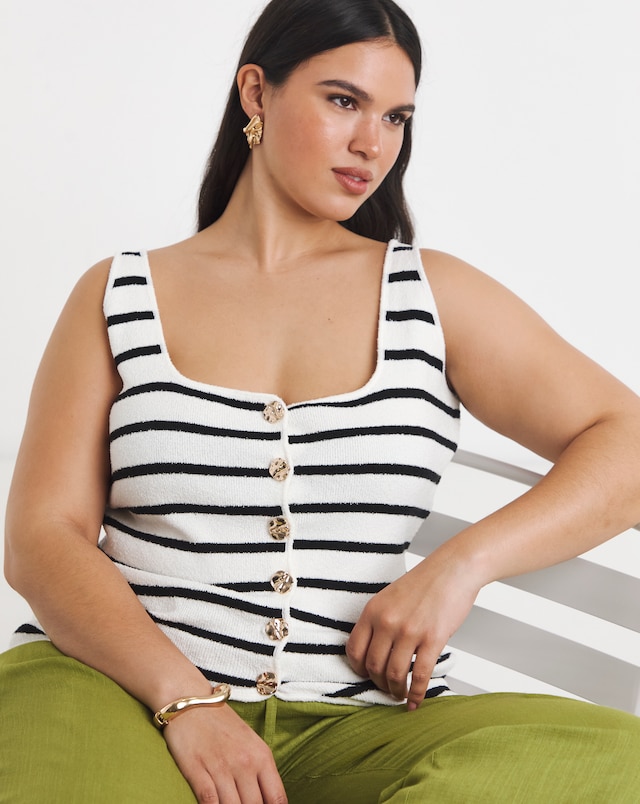 Stripe Knitted Scoop Neck Vest with Button Detail
