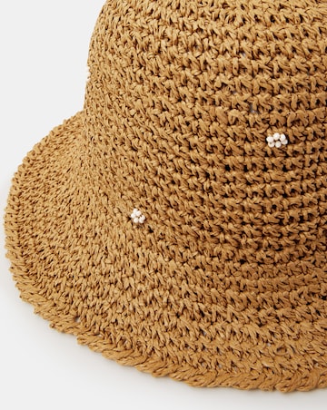 Accessorize Beaded Flower Straw Bucket Hat